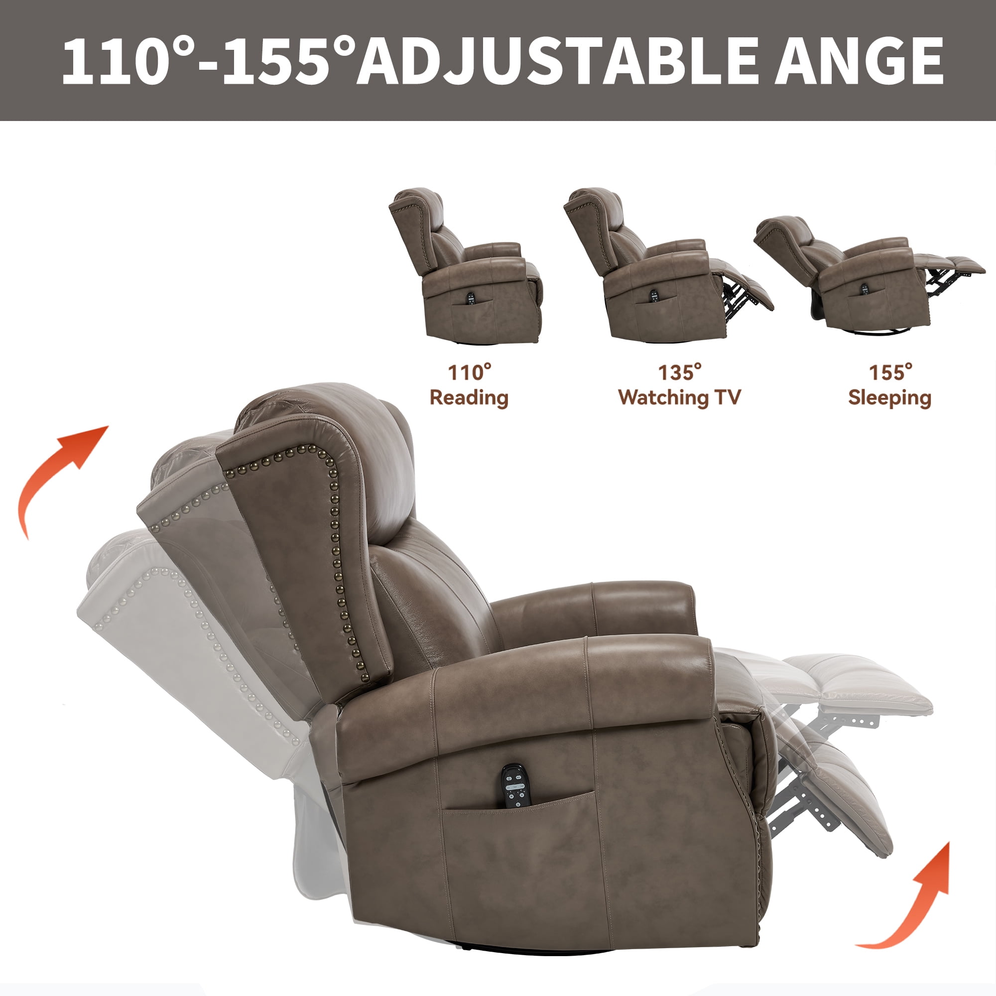 Leumius Swivel Rocker Recliner Chair with Vibration Massage and Lumbar Heating,Ergonomic Lounge Chair with Rocking Function,Rivet Design,Brown+Gray