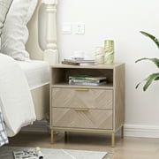 Industrial Small Accent Side Table with Drawer, Open Shelf, Herringbone Pattern Wooden Storage Cabinet, Oak H0103