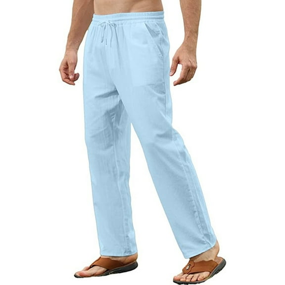 WNEGSTG Mens Pajama Pants Men's Solid Colored Cotton Linen Loose Fitting Casual Lightweight Elastic Waist Home