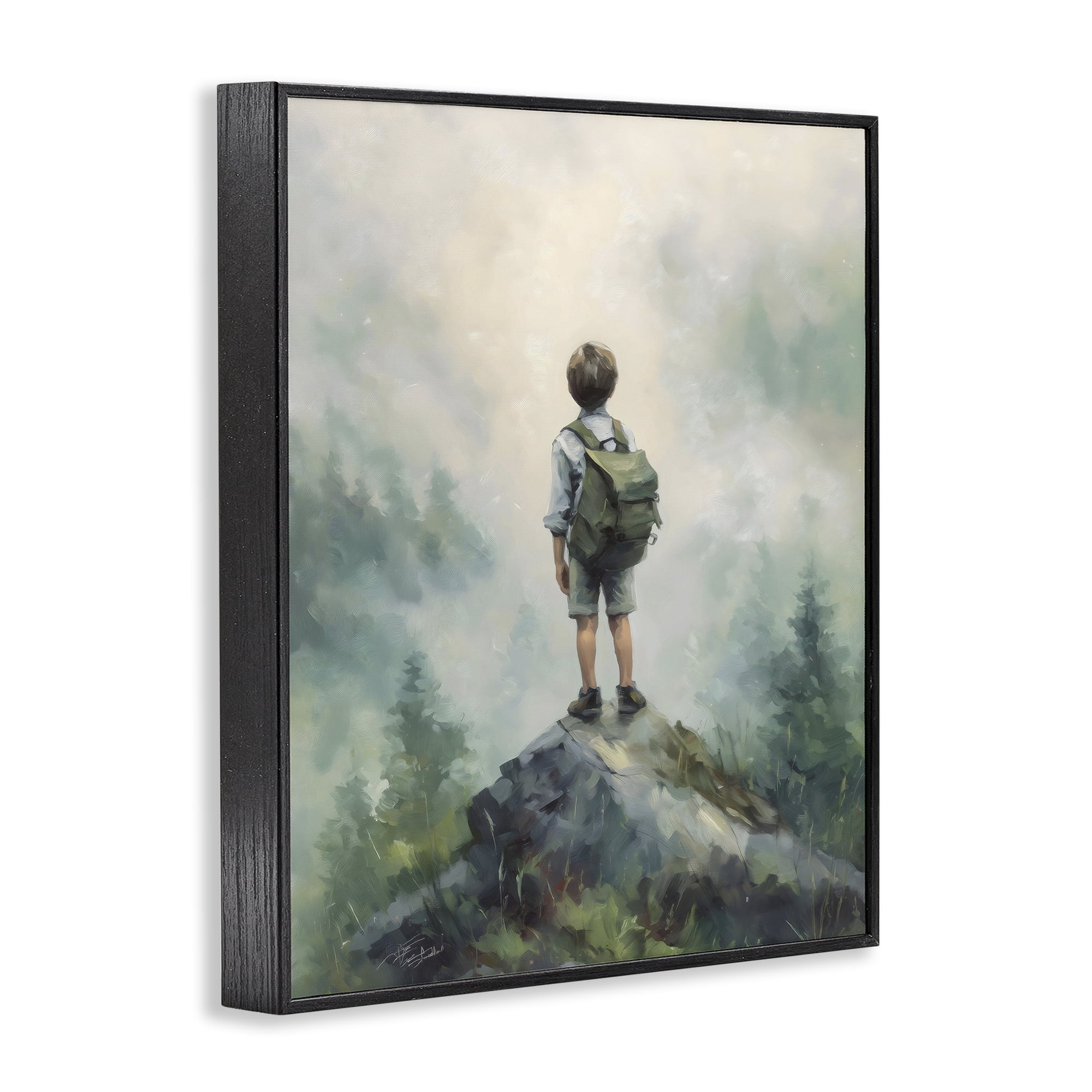 Boy Adventurer Atop Mountain Black Framed Giclee Art, design by Arlington Prints