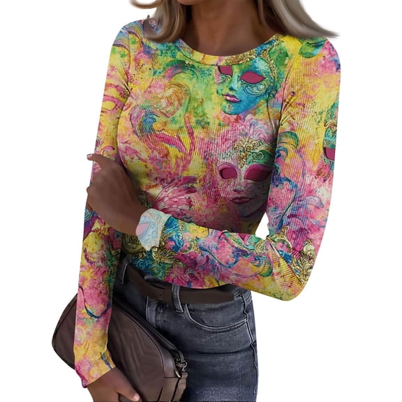 Mardi Gras Shirts for Women Carnival Sparkly Long Sleeve Blouse Glitter Crew Neck Green Tops Pink XL