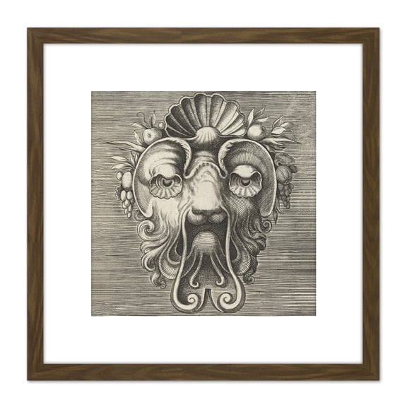 Huys Shell Shaped Mask Fruit Engraving Drawing 8X8 Inch Square Wooden Framed Wall Art Print Picture with Mount