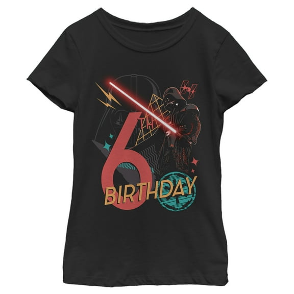 Girl's Star Wars Darth Vader 6th Birthday Abstract Background Graphic Tee Black X Large