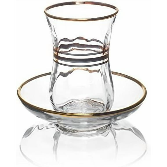 Set of 6 Small 4 Oz Turkish Clear Glass Tea Cups & Saucers with Gold Trim
