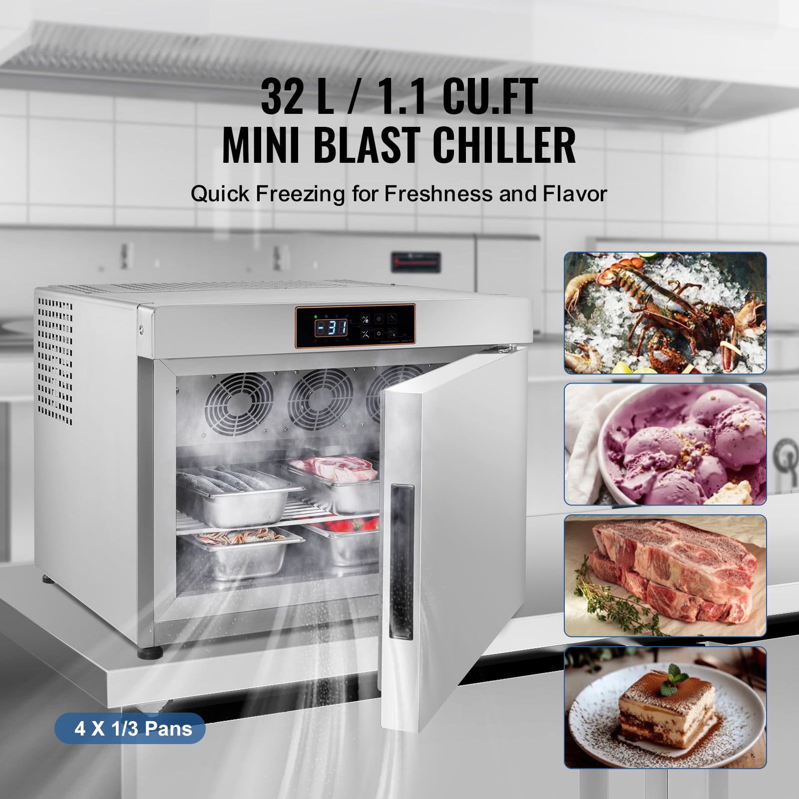 KFFKFF Commercial Blast Freezer, 32 L / 1.1 Cu.ft Capacity with 4 1/3 Trays, Food Freezer Chest Featuring Cooling and Freezing Functions, Stainless Steel Design for Restaurants and Seafood Storage