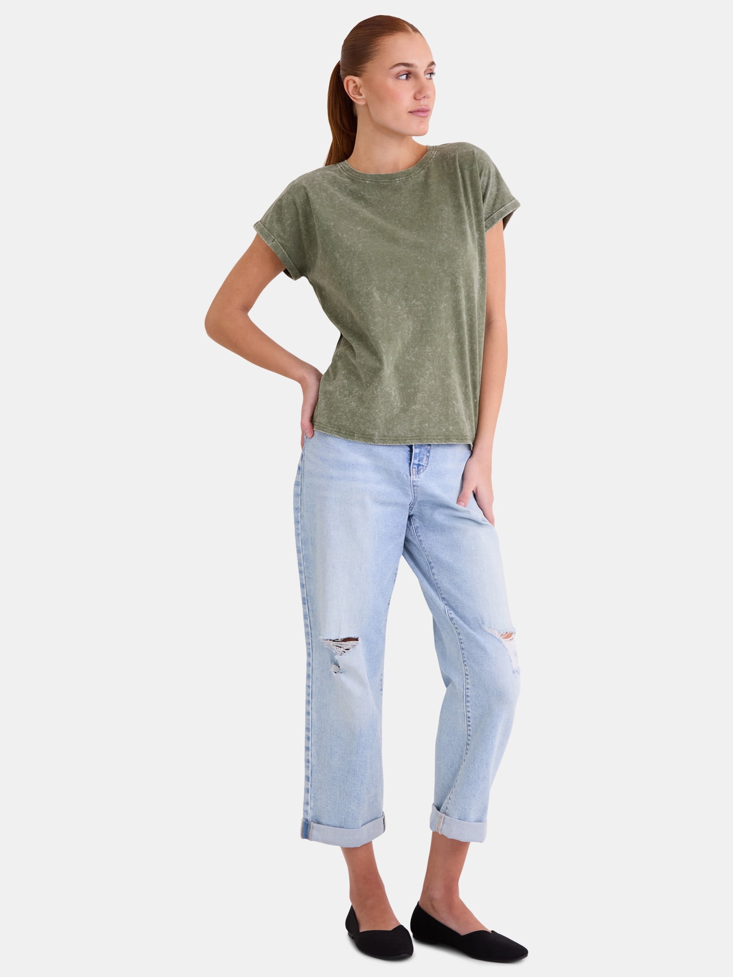 Time and Tru Women's Rolled Cuff Dolman Tee, XS-XXXL