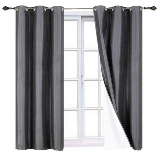100% Full Room Darkening Adam Blackout Faux Silk Window Curtain 2 Panels Grommets For Bedroom, Living Room 37 inch X 84 inch Charcoal Color