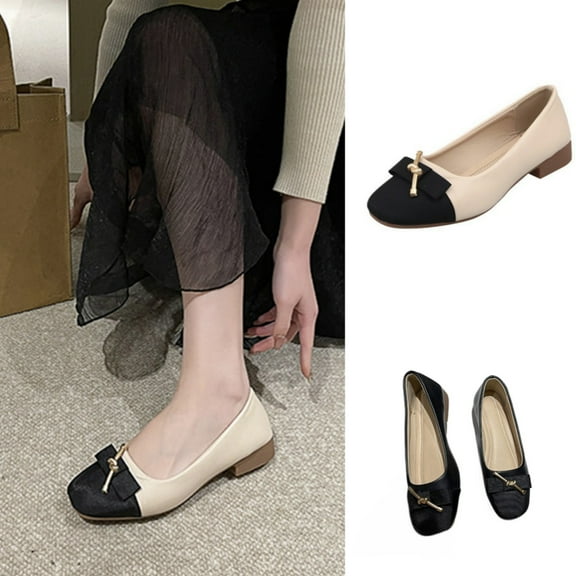 Mary Small Leather Shoes Rough With Single Shoes Color Patchwork Bow Single Shoes Squares Head Low Heel Soft Bottom Work Women's Shoes