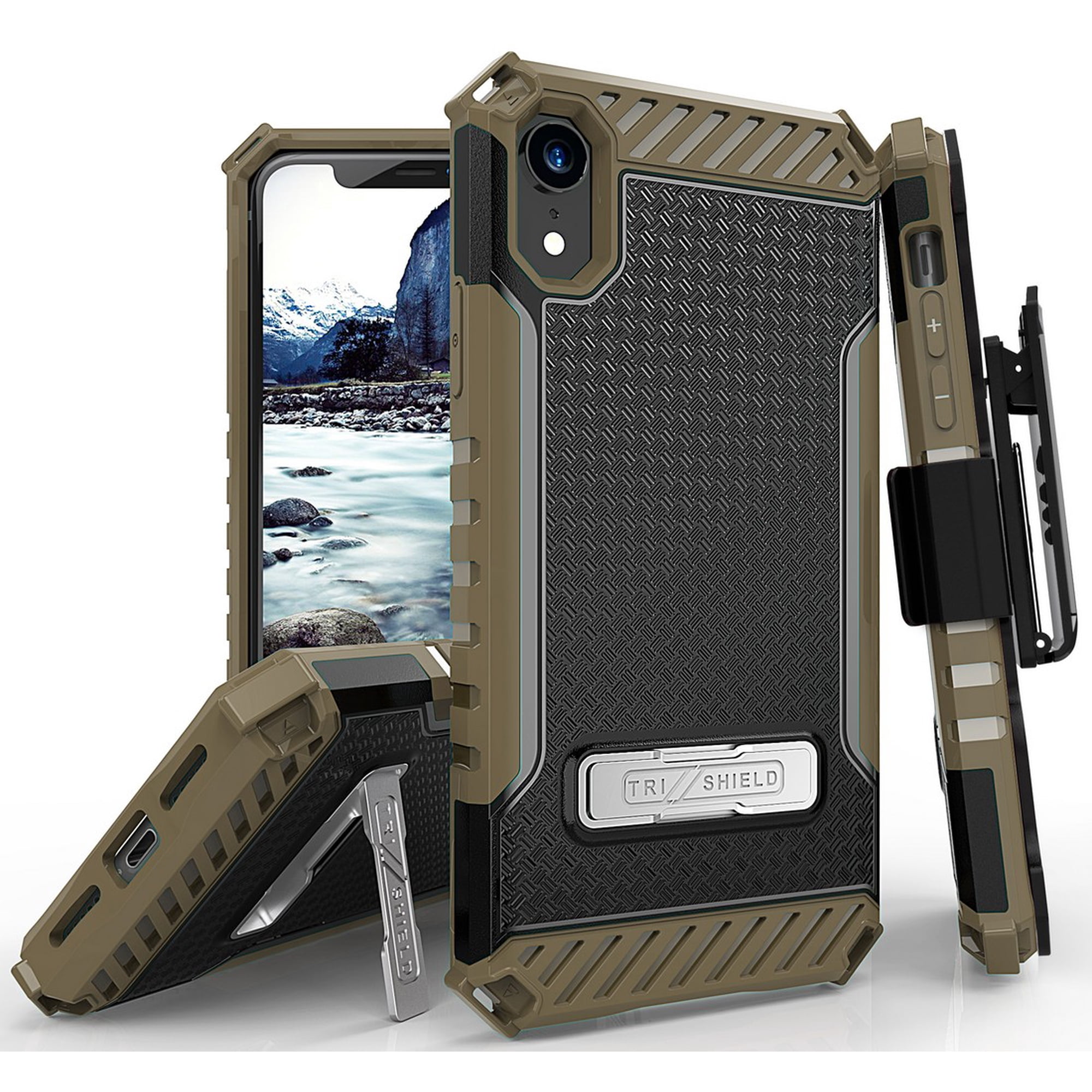 Case with Clip for iPhone XR, Tri-Shield Rugged Cover and Belt Hip Holster [with Metal Kickstand + Wrist Strap Lanyard] for Apple iPhone XR (2018) (Size 6.1" model) (10R)