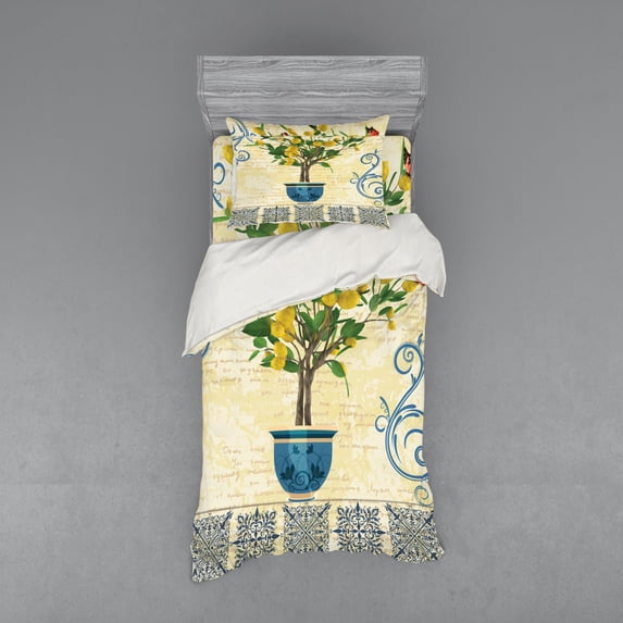Ambesonne Vintage Bedding Set 3 Pcs, Retro Style Lemon Tree, Twin, Multicolor