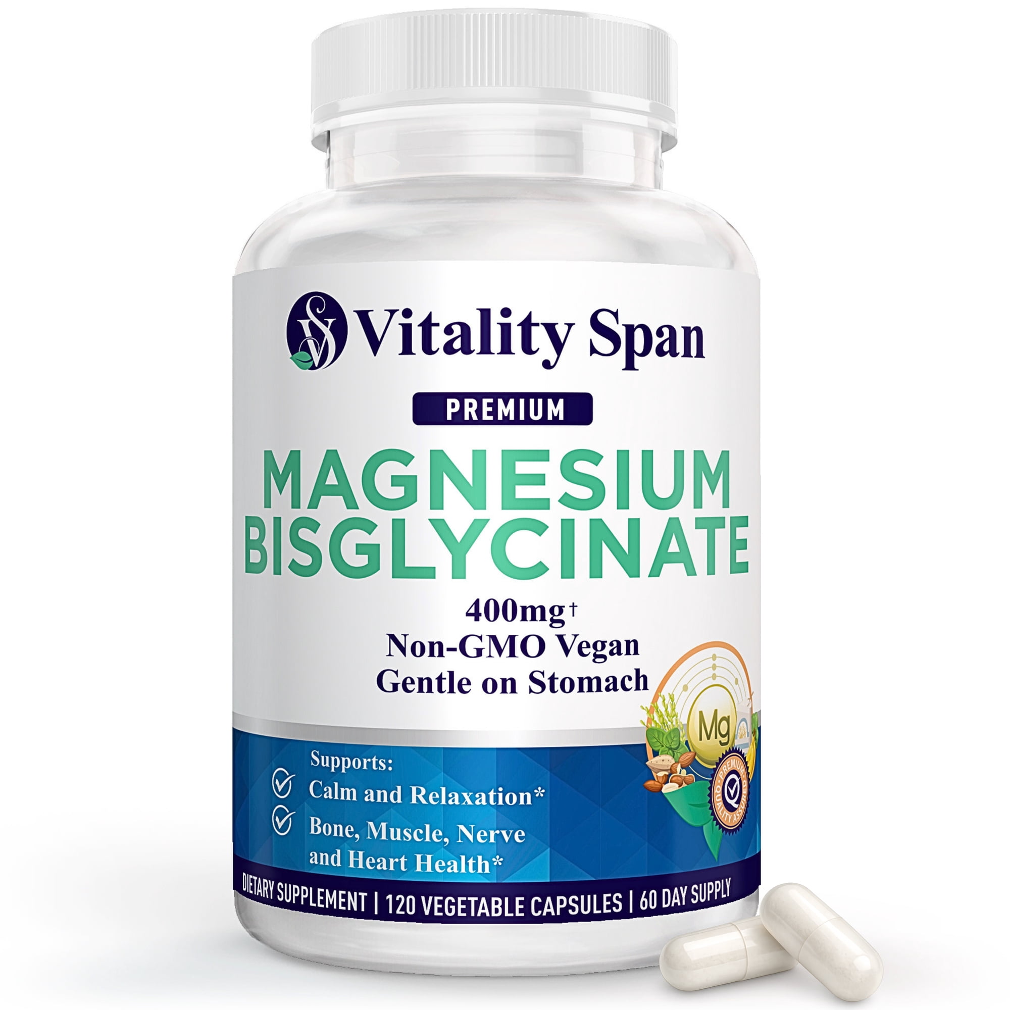 Magnesium Glycinate 400mg, Chelated Magnesium Gentle on Stomach, Supports Stress Relief, Sleep, Health and Relaxation, 120 Vegetable Capsules, Made in USA
