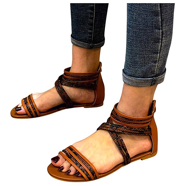 Zapato de punta redonda bohemio coreano plano con cremallera romana Wmkox8yii shjk467