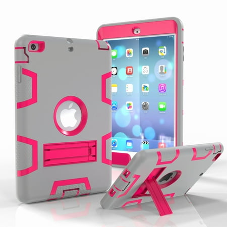 Dteck Apple iPad Mini 1/2/3 Case,Gray+Rose Red Full-body Rugged Shockproof Heavy Duty Rubber With Stand