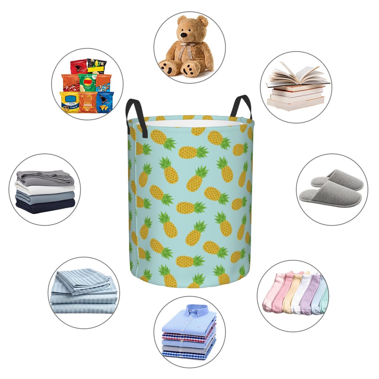 Large Laundry Basket with Handles - Cute Pineapple Light Blue Kids Baby Dirty Clothes Laundry Hamper for Bedroom Aesthetic