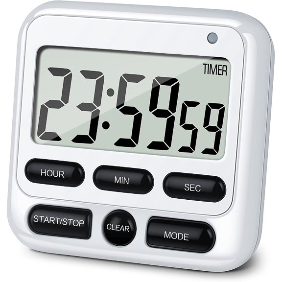 Digital Kitchen Timer with Mute/Loud Alarm Switch ON/Off Switch, 24 Hour Clock & Alarm, Memory Function Count Up & Count Down for Kids Teachers Cooking, Large LCD Display, Strong Magnet (White)