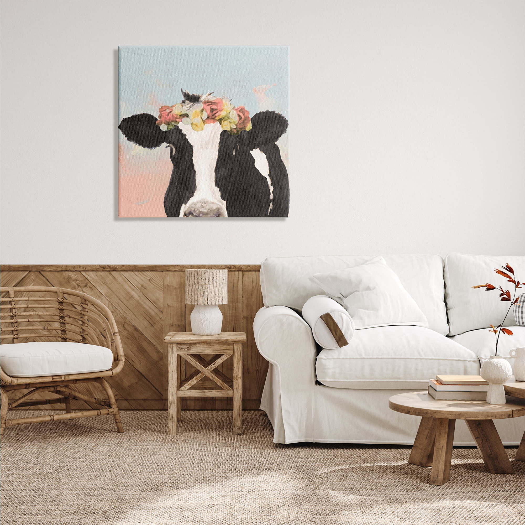 Stupell Industries Boho Dairy Cow Floral Crown Pink Blue Ombre, 30 x 30, Design by Jenny Green