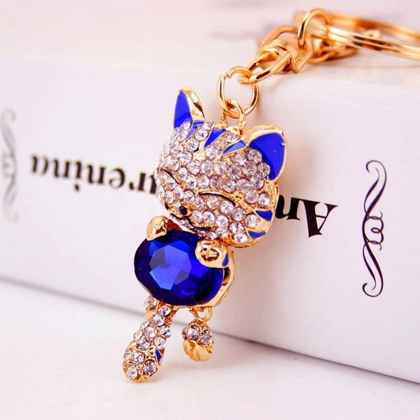 Llavero creativo con forma de gato de la suerte con incrustaciones de diamantes, accesorio para bolso de mujer, llavero con colgante de metal de gatito, regalo pequeño