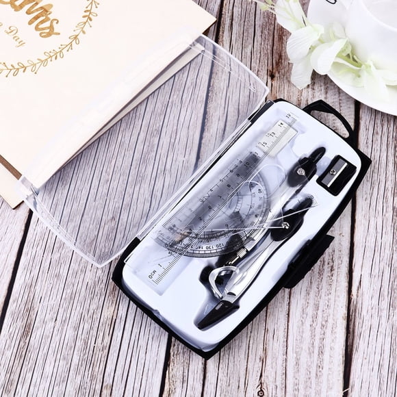 LEEYNEERGeometry Drawing Kit with Metal Compass Straight Ruler Triangle Ruler Protractor Pencil Eraser Sharpener 8 Pieces for Drawing