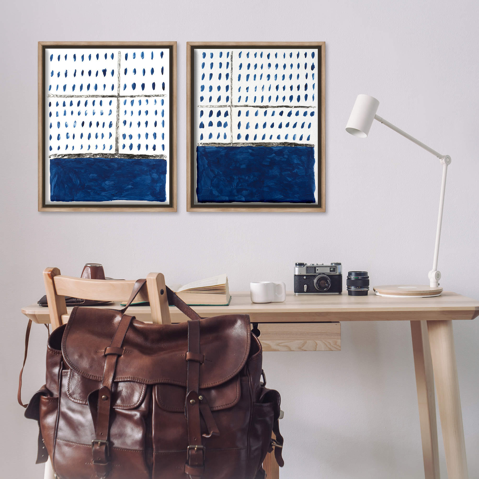 Stupell Industries Abstract Indigo Block Room Abstract Painting Brown Floater Framed Canvas Art Print Wall Art, 31 x 25, Set of 2