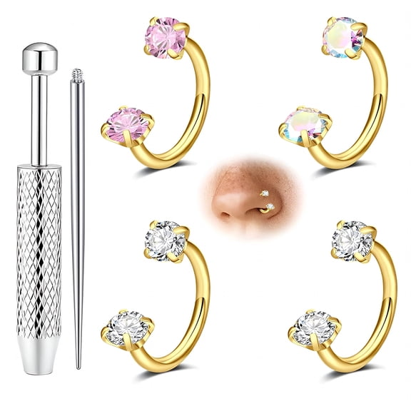 DESIGNICE 3Pcs Gold Filled Horseshoe Nose Rings Studs, 20G 18G 16G Stainless Steel Threaded Labret Lip Daith Helix Tragus Cartilage Earrings Piercing Jewelry With Tool 8mm Gold