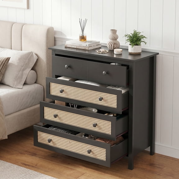 iooHug Modern Rattan 5-Drawer Dresser, 39.4" Wide Chest of Drawers for Bedroom, Living Room, Hallway.(Black)