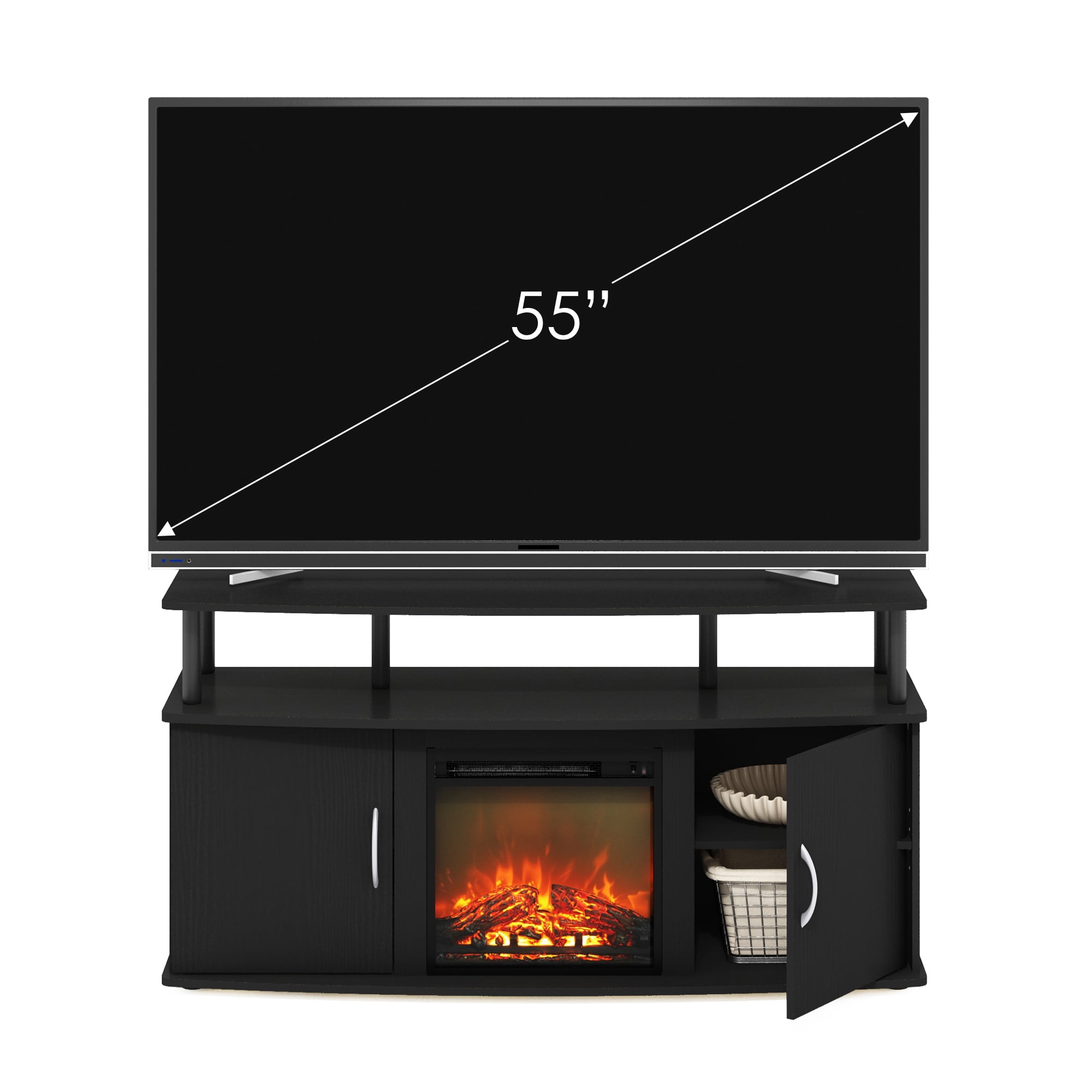 Furinno Jensen Living Room Fireplace Entertainment Center with Doors Storage Cabinet for TV up to 55 Inch, Americano/Black