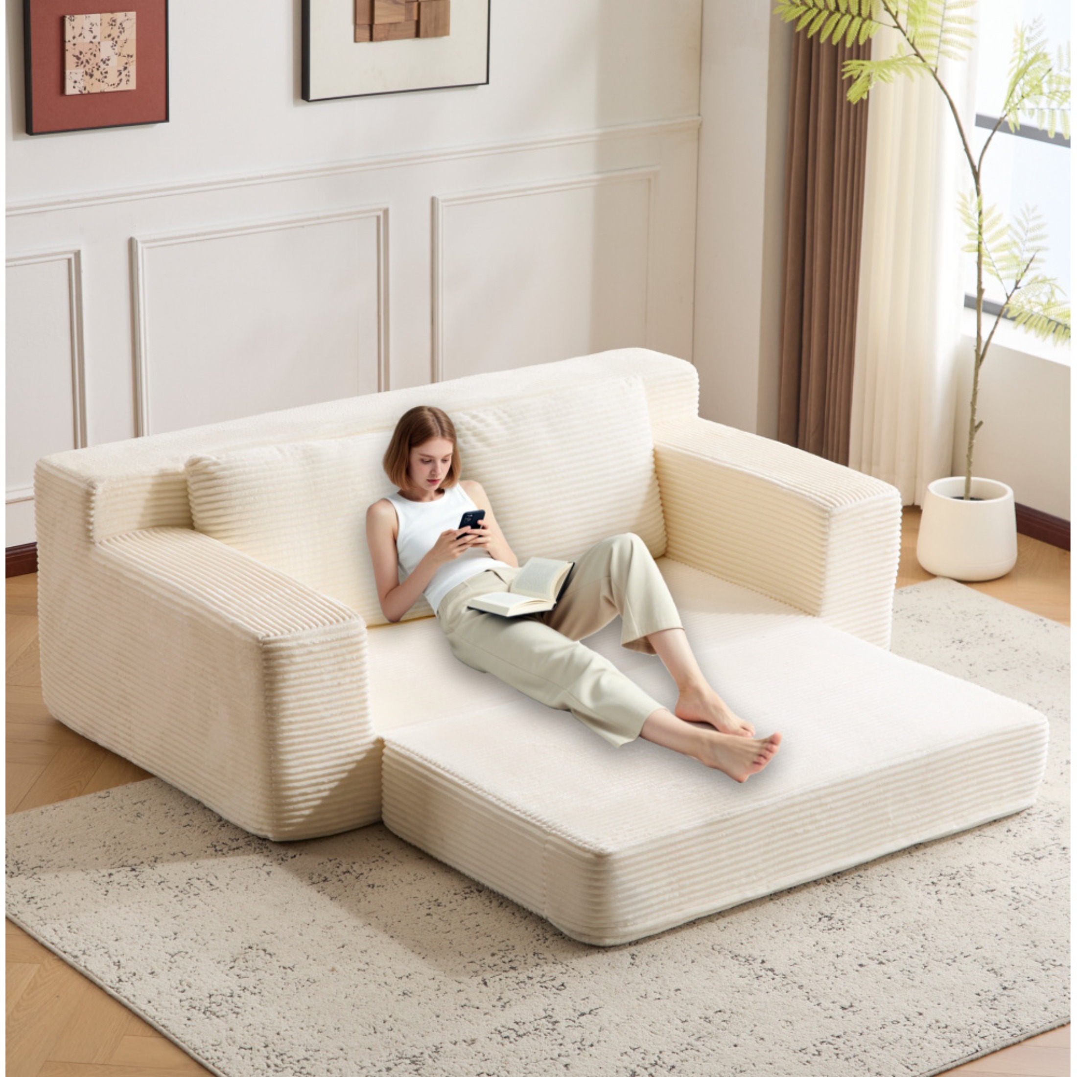 SOULART 71.65" Loveseat Sofa, White Corduroy Deep Seat Couch, Reversible Cushion with Pillows, No Assembly Required
