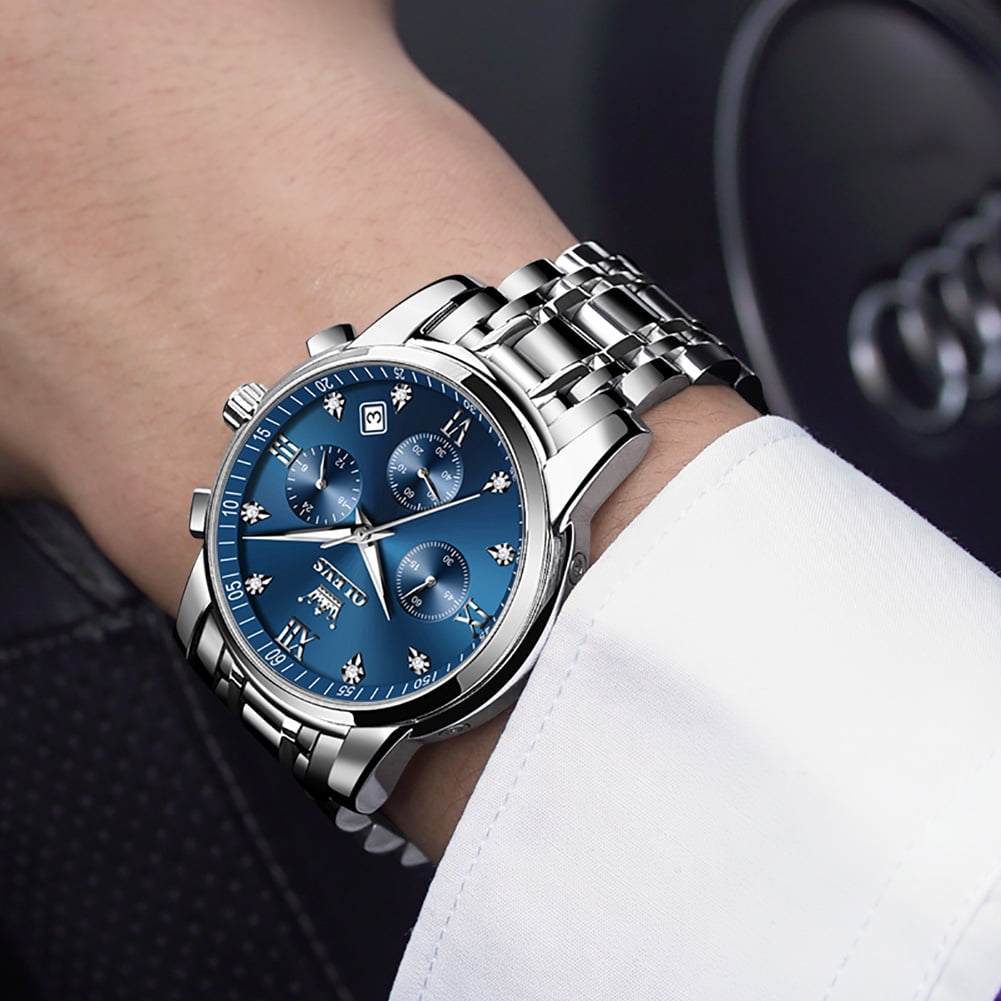 OLEVS Watches for Men, Mens Watches Gifts for Men Chronograph Analog Quartz Luxury Casual Classic Diamond Waterproof Luminous Stainless Steel Reloj para Hombre Blue Dial