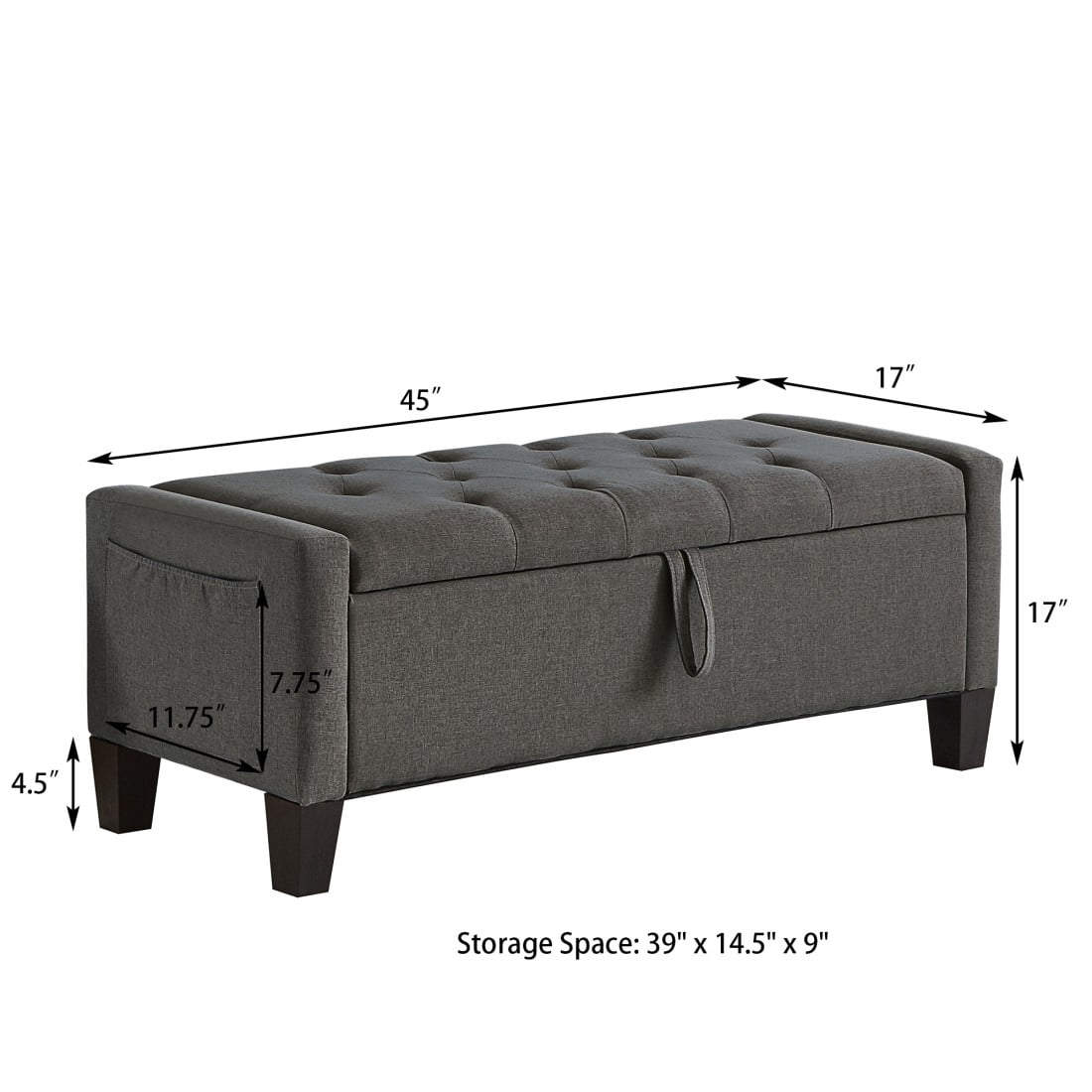 GZXS Multi-Functional Entryway Bench with Hidden Storage & Side Magazine Pocket - 45"L x 17"W x 17"H, Linen Fabric Upholstered Bench Ottoman with Tufted Cushion Seat, 350 lbs Capacity, Dark Gray