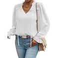 thumbnail image 4 of SLADYGLO Women Swiss Dots Drawstring Frill V Neck Ruffle Long Sleeve Chiffon Top, 4 of 7