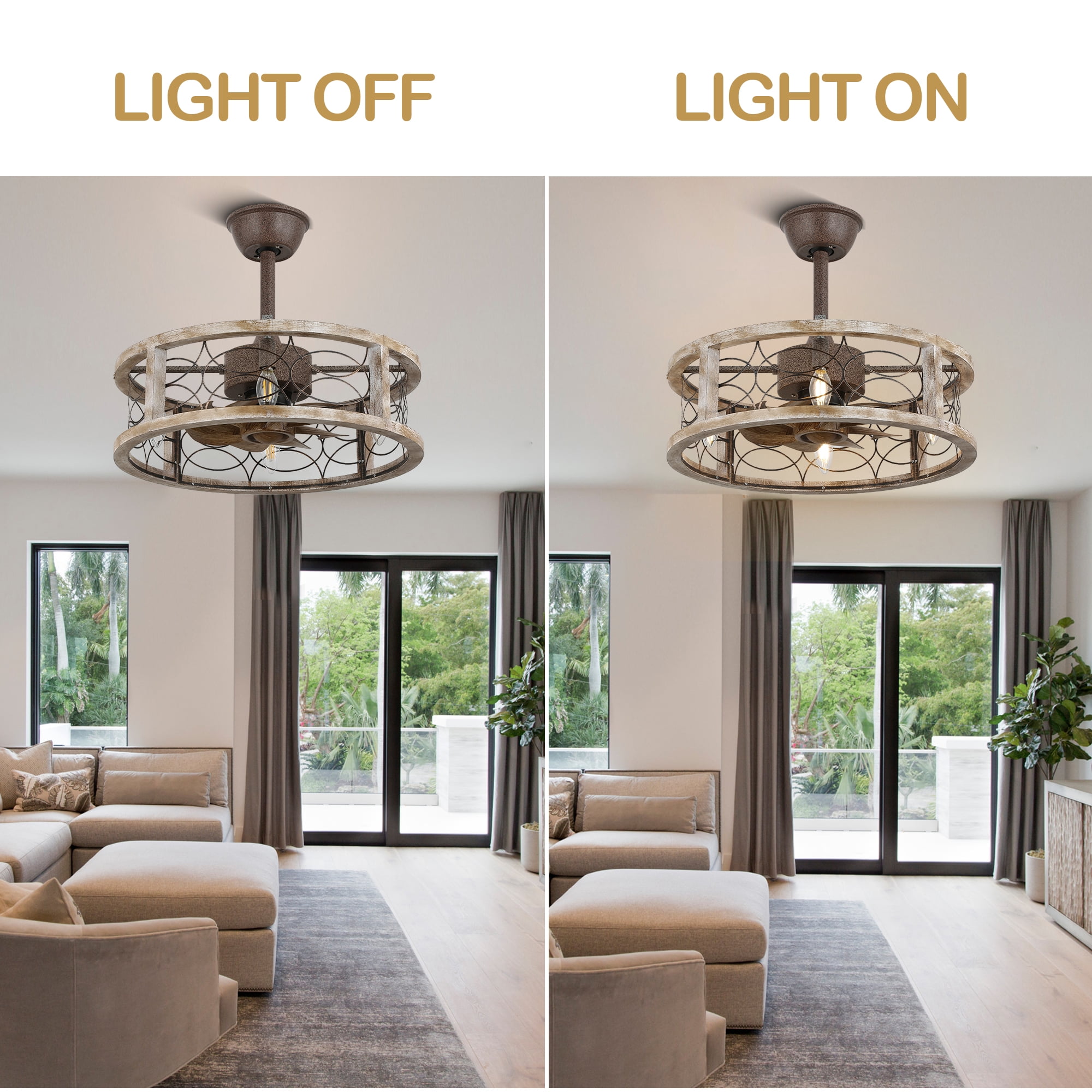 Bella Depot 18" Rustic Wood Caged Ceiling Fan with Light and Remote Control, 6-speed Farmhouse Chandelier