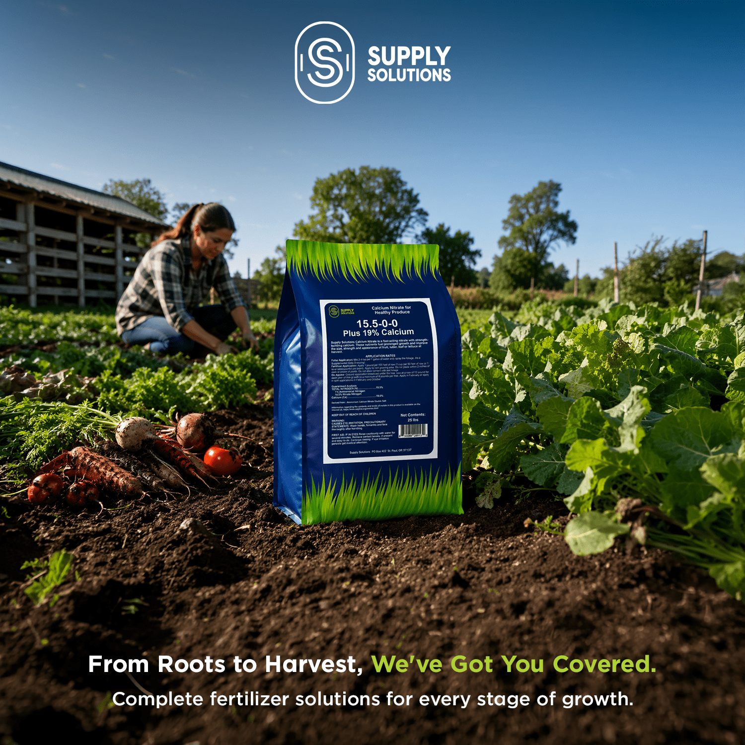 Supply Solutions Calcium Nitrate 15.5-0-0 + 19% Ca | Fast-Acting Water Soluble Fertilizer Prevents Blossom End Rot - Boosts Growth & Yield for Vegetables, Fruit, Gardens & Hydroponics (25 Pounds)