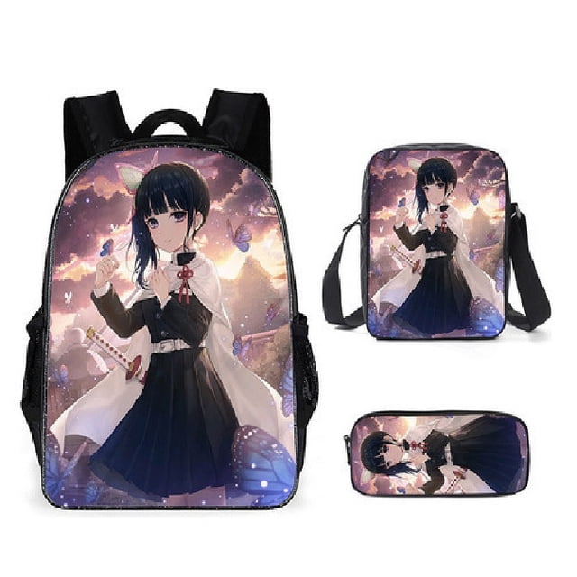 Mochila Dem@@2on Slayer, juego de 3 piezas: mochila para portátil con estuche para lápices y bolsa para el almuerzo.