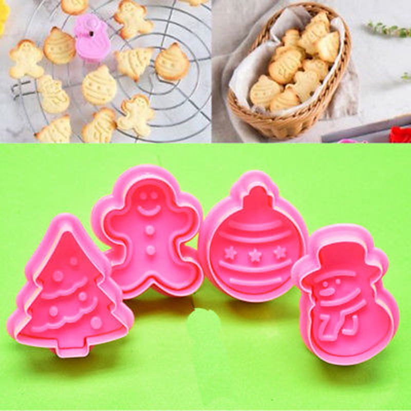4pcs Christmas Cookie Biscuit Plunger Cutter Mould Fondant Cake Mold Baking Tool 