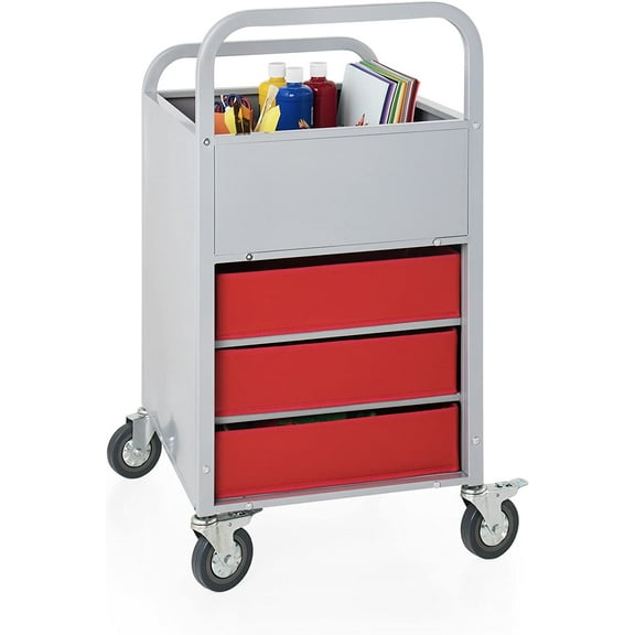 Rolling Display and Storage Utillity Cart, Metal Media Truck with Wheels, 3 Shelf Fabric Bins, Office and School Supply Gray