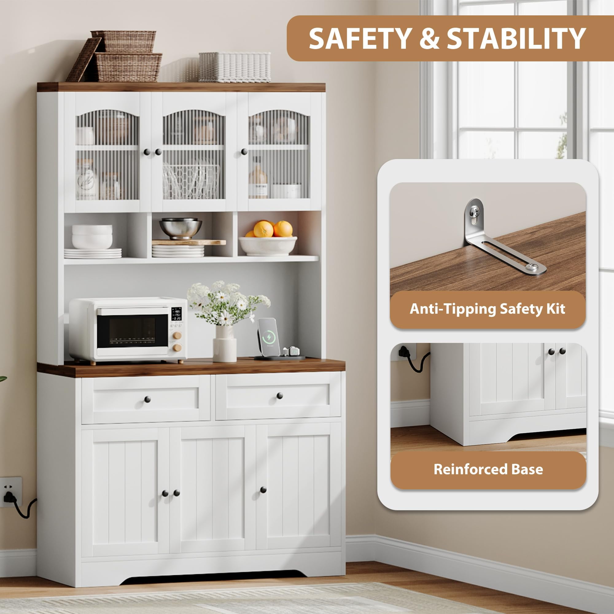 Gaderth Pantry Cabinet with Charging Station, Tall Kitchen Pantry Storage Cabinet with Hutch, 70.8 Inch Kitchen Cabinet, Kitchen Hutch with Storage Drawers, Fluted Glass Doors