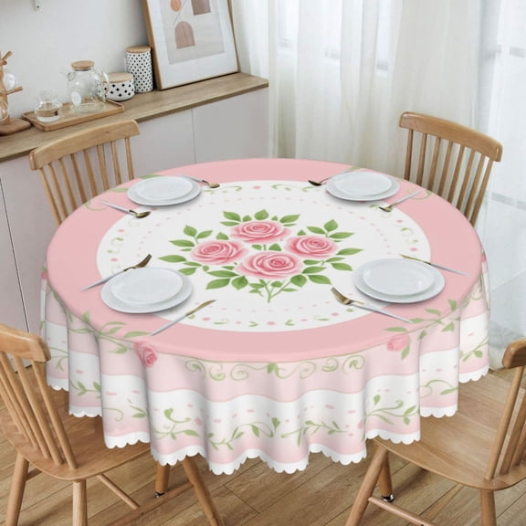 Soft Pink Vintage Rose Concentric Mandala Round Tablecloth Waterproof Oil Proof Spill Proof Table Cloth 70" for Camping, Dining, Indoor and Outdoor Table Cover