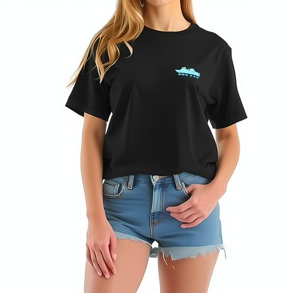 Casual Cotton Short Sleeve T-Shirt with Light-Blue Boat Graphic - Boxy Fit for Effortless Summer Style