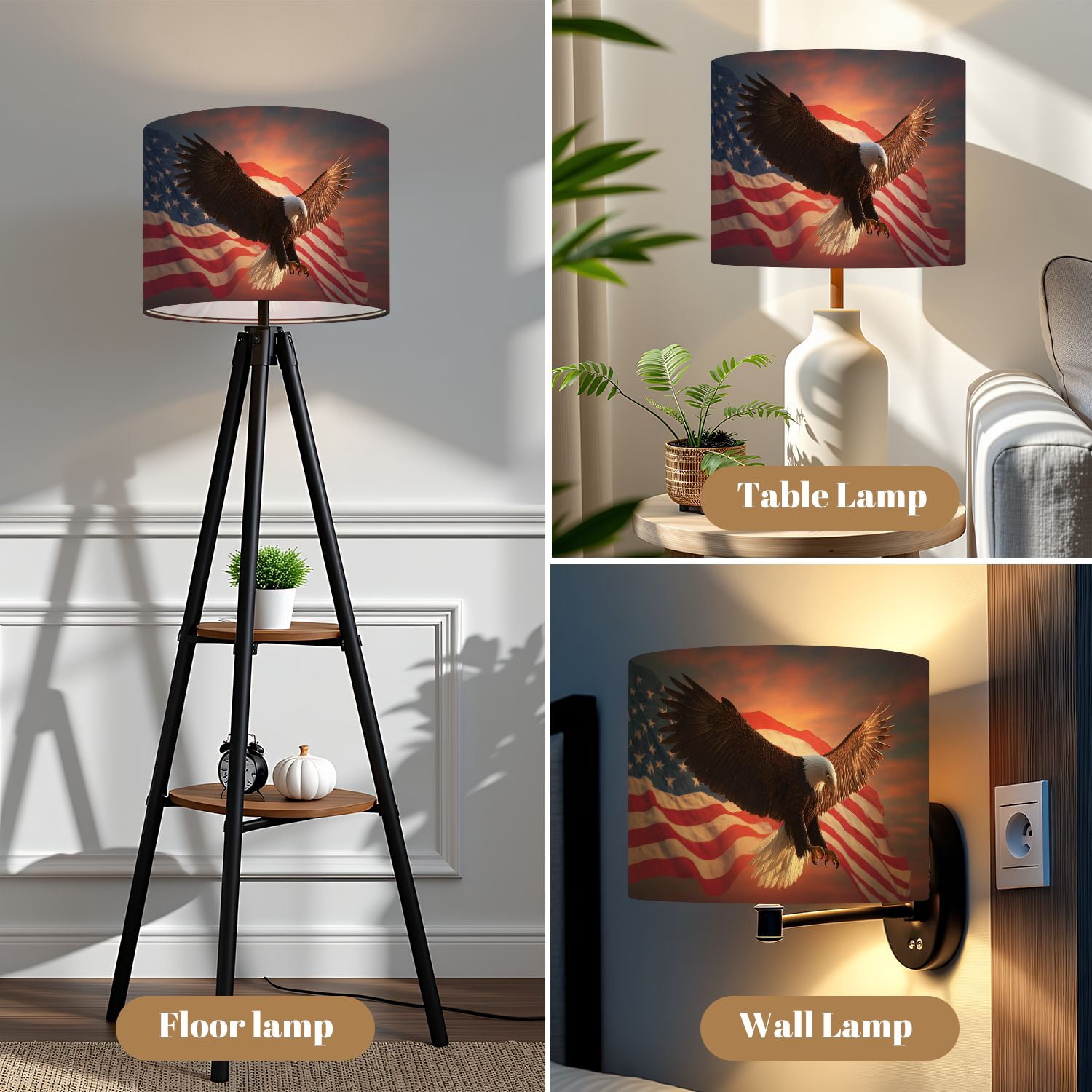 Linen Drum Lamp Shades Eagle American Flag Flies Freedom Sunset Vintage Toned 13" x 13" x 10" Lampshade for Table Lamps Floor Lamps Lamp Shade Replacement Easy Assembly Required