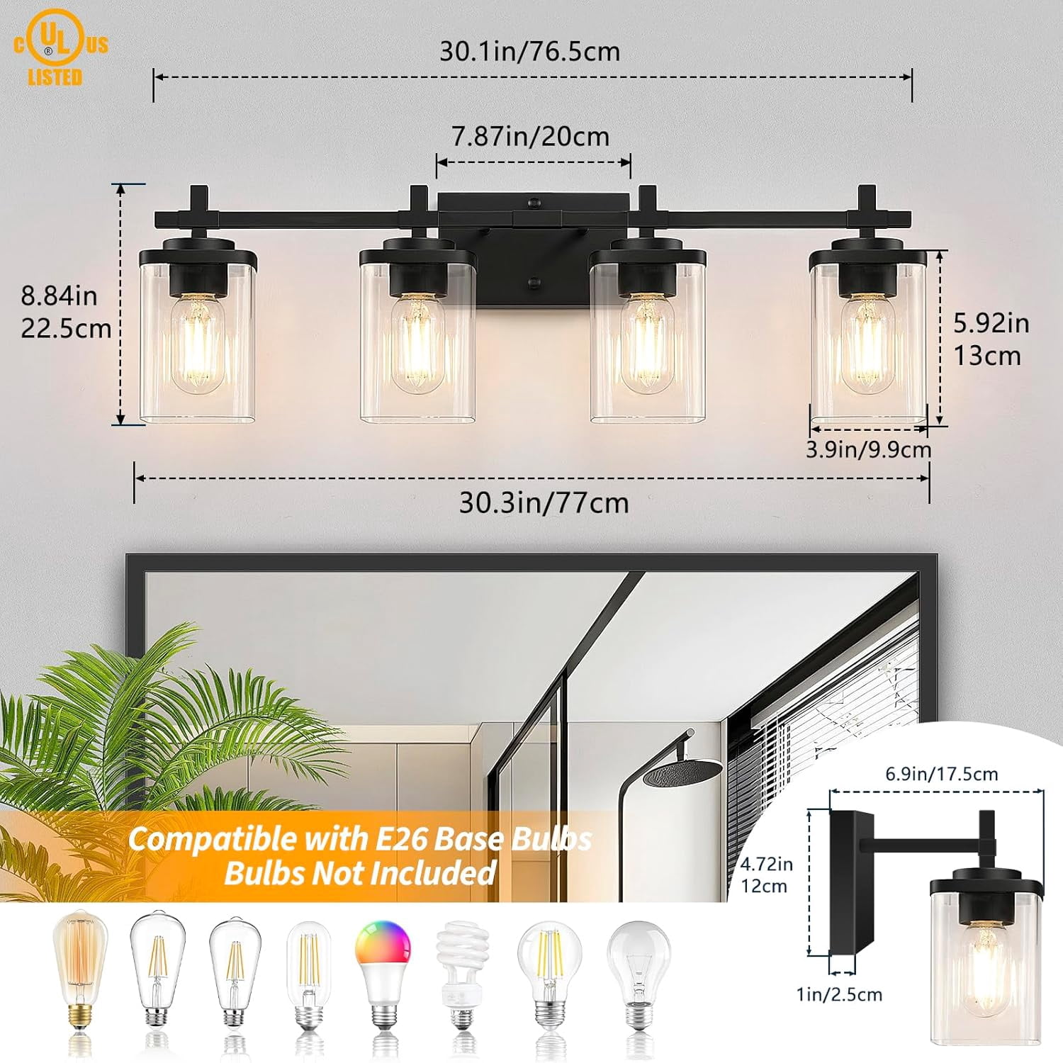PYNSSEU 30" 4-Light Matte Black Bathroom Light Fixtures with Clear Glass Shade Vanity Lights over Mirror for Mirror Living Room Hallway Cabinet,Not Bulbs Included