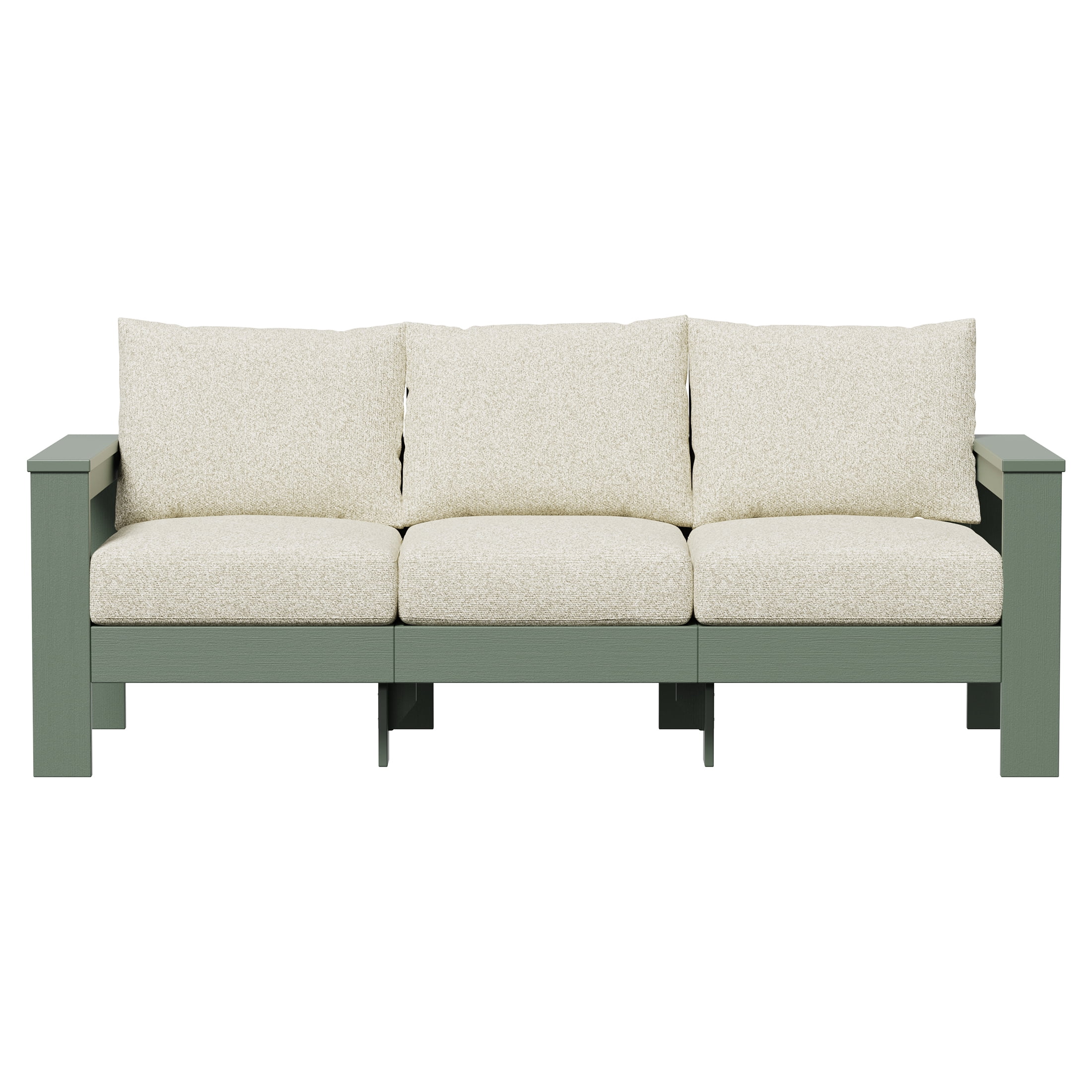 Better Homes & Gardens Ezra Outdoor HDPE Sofa, Green with Cream Boucle Cushions