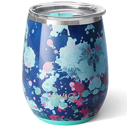 Stainless Steel Swig Life 14oz Wine Tumbler with Lid Dishwasher Safe Portable Stemless Triple Insulated Wine Tumbler in Fleur Noir Print 