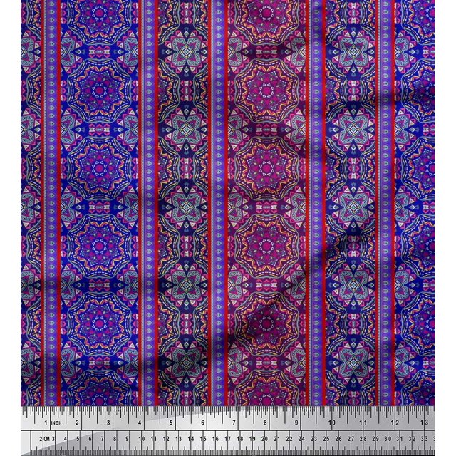 Soimoi Tissu Satin Modal Rayé & Imprimé Kaléidoscope Mandala au Mètre 42 Pouces de Large