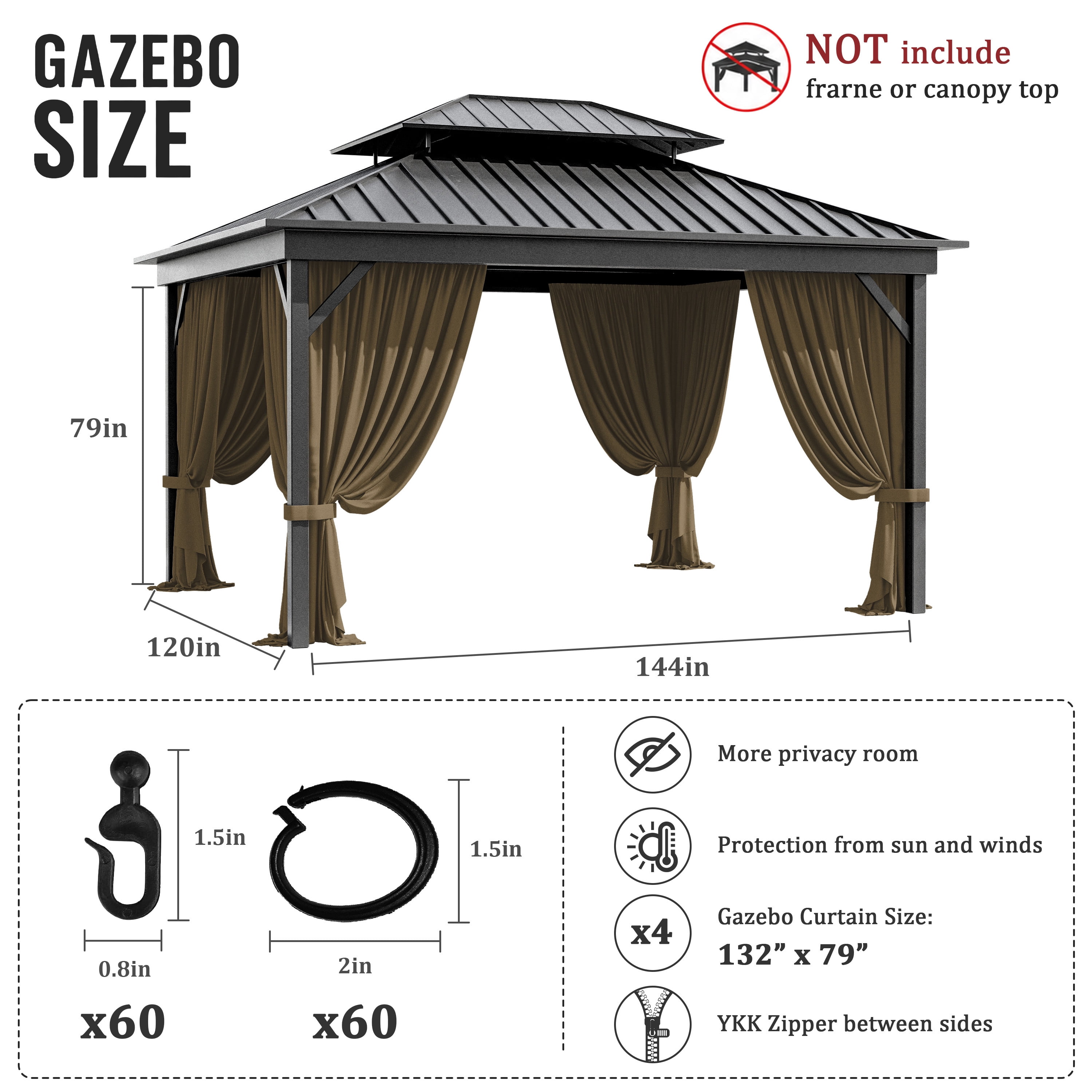 Pakunoda 11' X 6.5' Gazebo Universal Replacement Privacy 4-Panel Curtains, Waterproof Outdoor Curtains Sand Sidewall with Zipper for Patio Garden Backyard 10' X 12' Gazebo, Curtain Only