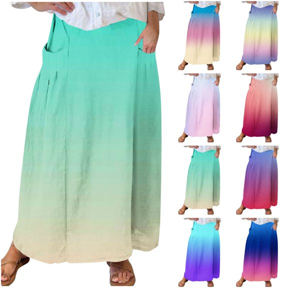 LIBRCLO Skirts for Women Maxi Length Gradient Printed Elastic Waistband Pleated Skirts with Pocket Summer Casual Clothes