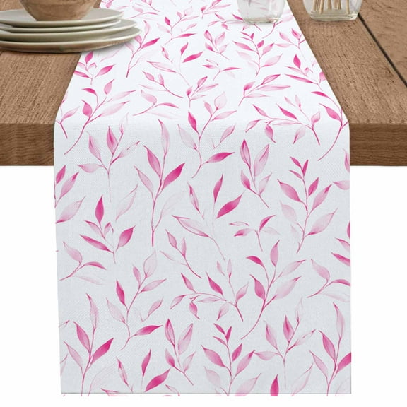 Abstract Pink Leaves on White Table Runner-70 Inch Long Watercolor Foliage Table Runners Linen Burlap Tablerunner for Kitchen Dining Room Holiday Party