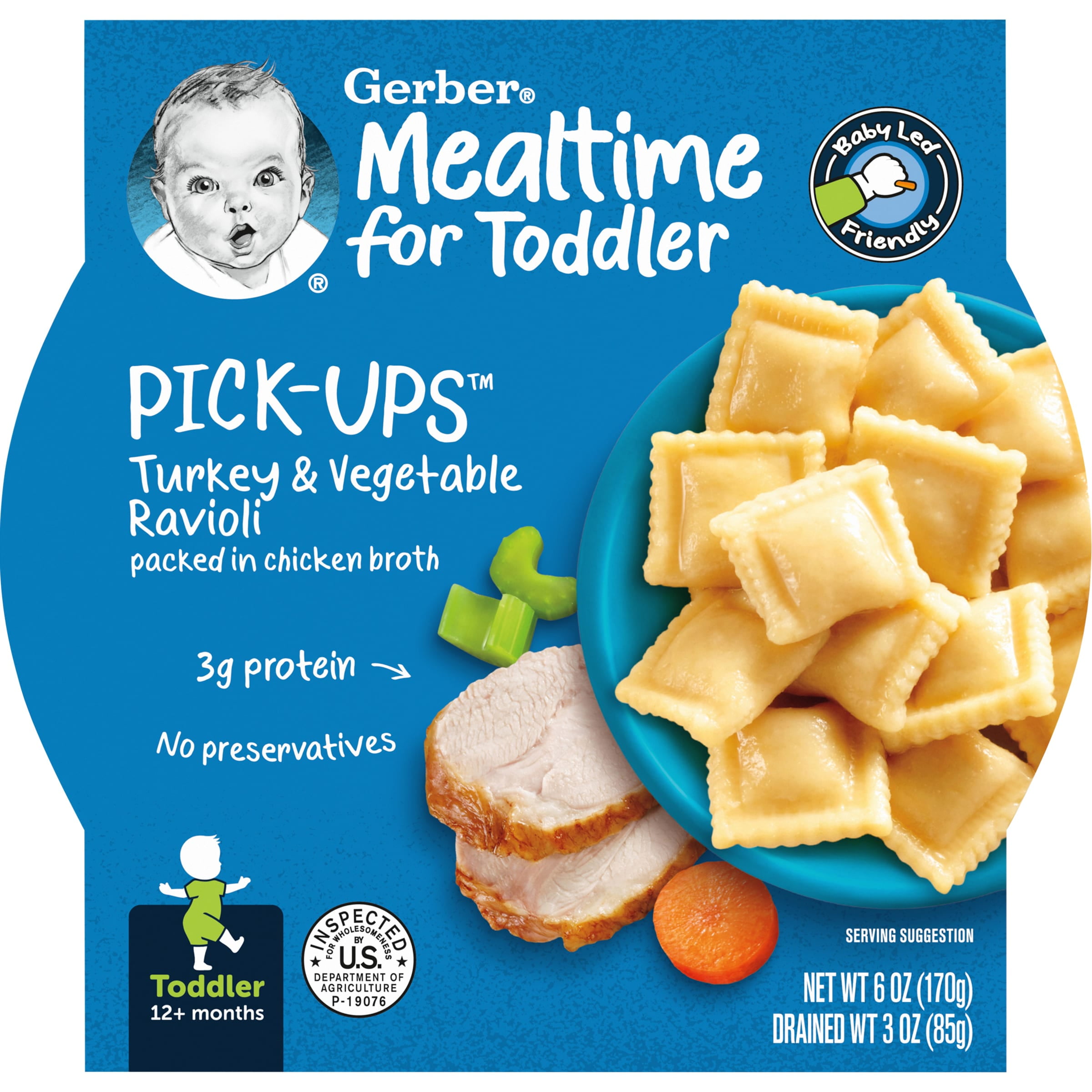 Gerber Mealtime for Toddler, Turkey and Vegetable Ravioli Pick Ups Packed in Chicken Broth Toddler Food, 6 oz Tray