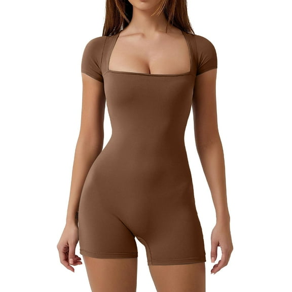 GEWSEY Women's Short Sleeve Bodycon Romper Stretchy Square Neck Sexy Unitard Jumpsuit (Brown, M)