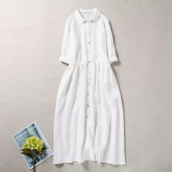 Meichang Cotton Linen Shirt Dresses Women Solid Loose Fit Half Sleeve Lapel Button Down Midi Dresses Flowy Casual Long Tunic Dresses White L