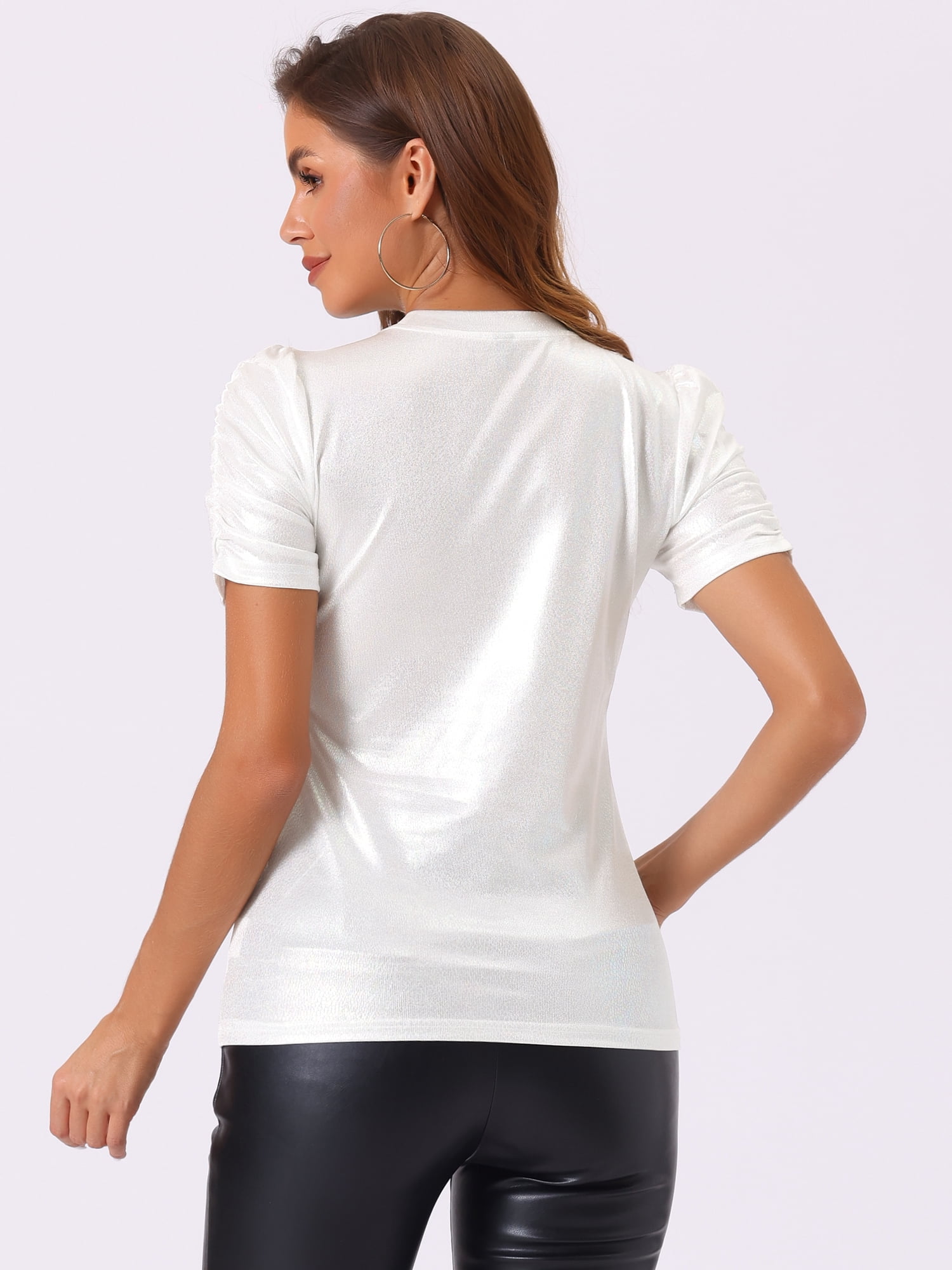 DARING DIVA Women's Twist Round Neck Puff Sleeve Stretch T-Shirt S Holographic White